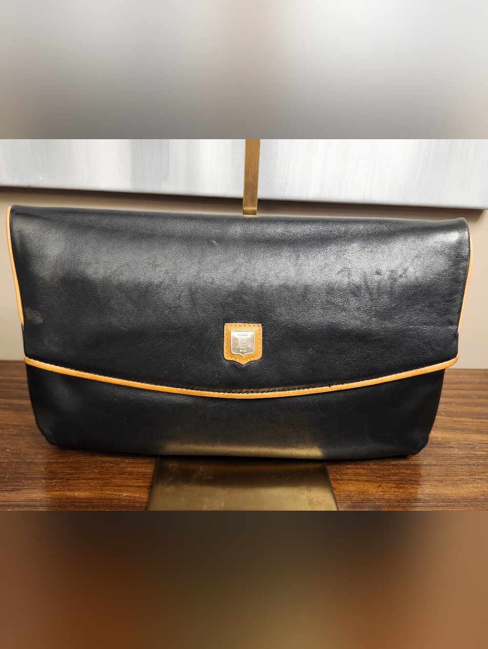 Celine Triomphe Black Leather Top Flap Clutch With Tan Trim